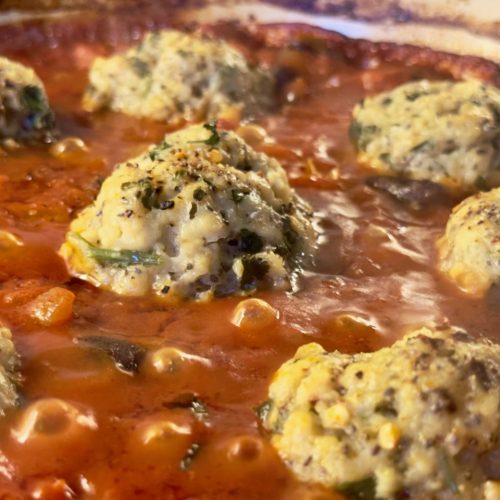 a close up of a rich red tomato and red kidney bean stew with chia seed and herbs dumplings looking light and fluffy and delicious.