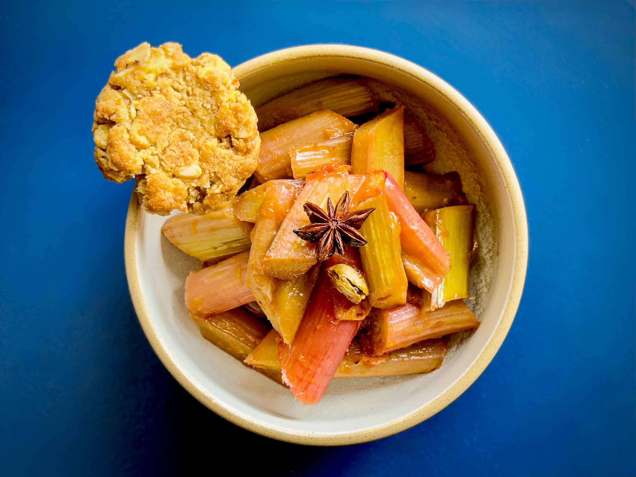 Roasted Rhubarb with Spices and Citrus — rhubarb chunks with blood orange and star anise, served warm in a shallow bowl with a homemade biscuit on the side