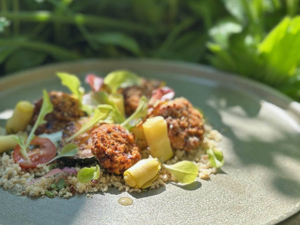 Charred courgette pieces on cous cous with little tofu medallions pan-fried and salad leaves and dots of salad dressing glistening in the sun