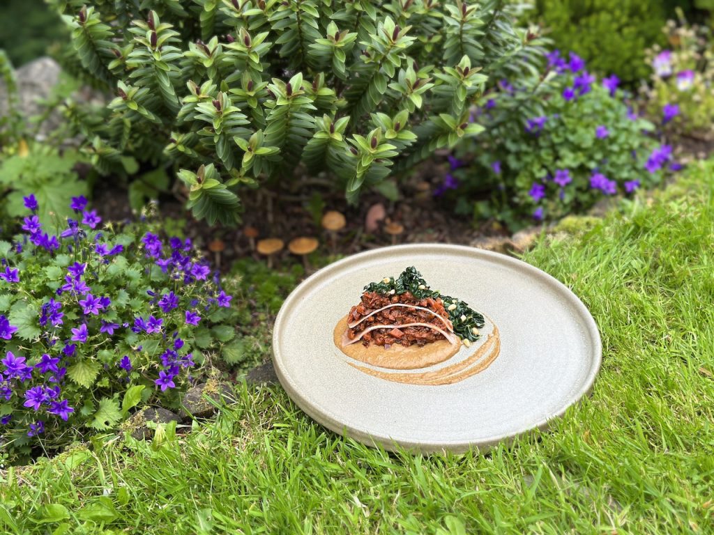 Open-style layers of vegan chestnut lasagne with rich porcini ragu and porcini sauce on a stone colour plate placed on grass. Crispy kale dressed with pine nuts on the side.